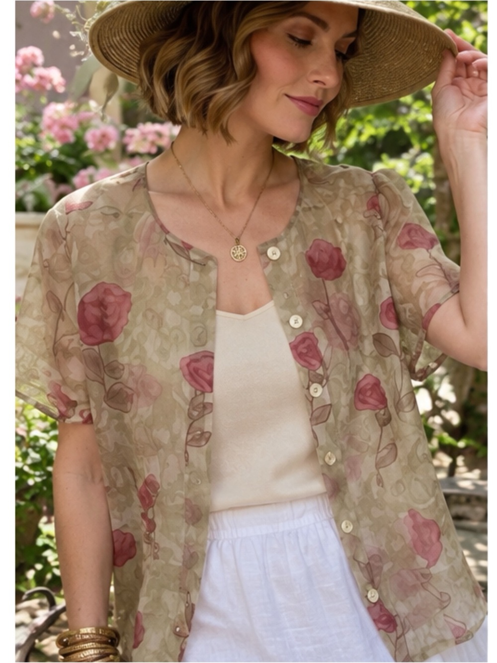 Vintage Carole Little Saint Tropez Wear Rose Sheer Blouse Womens Medium Sage Top